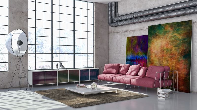 living, art, concrete, furniture, pipes, 4k