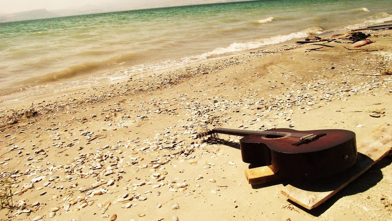 guitar, sea, beach, music, 4k