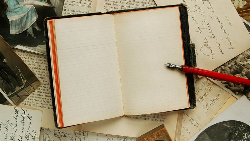 notebook, emptiness, old, table, pen, writing, 4k