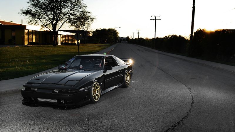 toyota, supra, ma61, black, front part, tuning, street, sun, glare, 4k