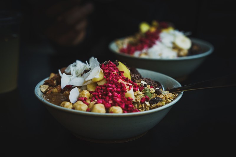 healthy fruit bowls with coconut berries and nuts for breakfast, healthy breakfast 4k