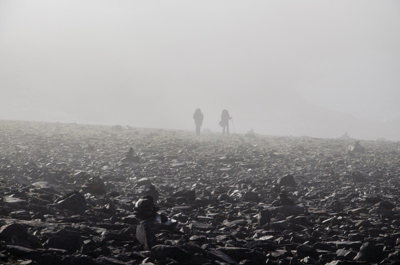 a pale shot of two human silhouettes in thick fog on a rocky plain, silhouettes in the rocky wasteland 4k