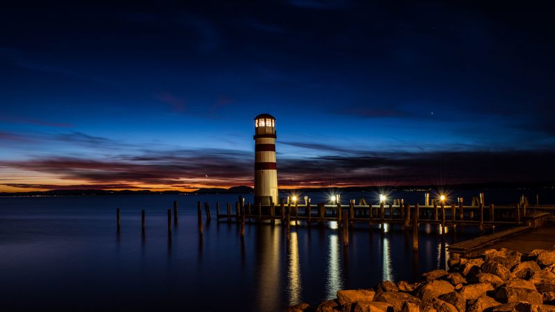 lighthouse, night, coast, reflection, 4k