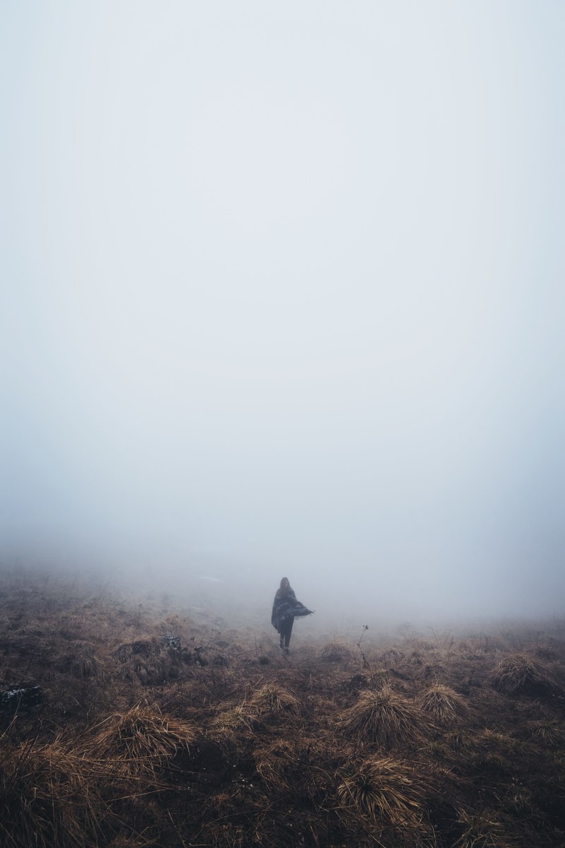 woman walks through cold desert foliage on a foggy day in verona, half remembered dream 4k