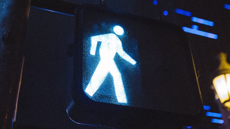 sign, pedestrian crossing, neon, 4k