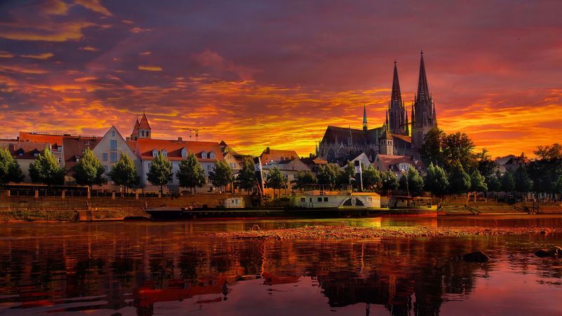 regensburg, germany, sunset, cityscape, 4k