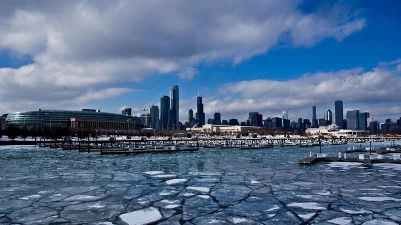 chicago, usa, illinois, america, zdniya, skyscrapers, ice, port, winter, building, 4k