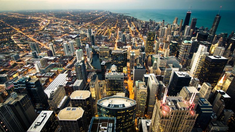 chicago, skyline, city lights, coastline, 4k