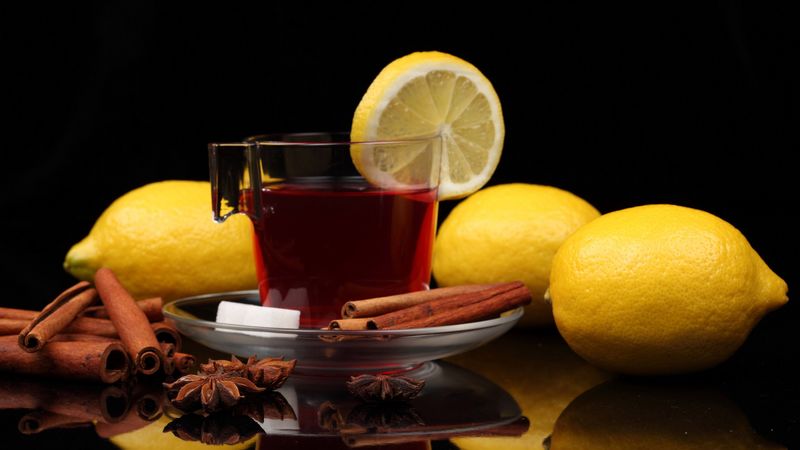 tea, cup, cinnamon, lemon, black background, sugar, 4k