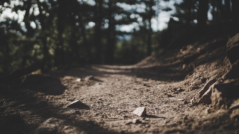 a macro shot of a dirt path in mount sanitas trail in boulder colorado, focus on the right path 4k