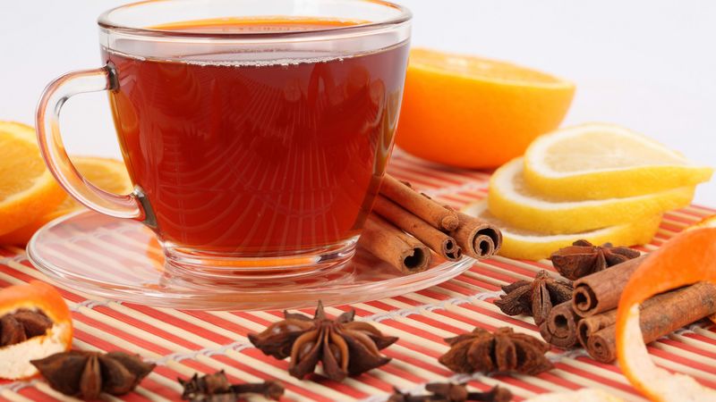 tea, fruit, white background, cup, 4k