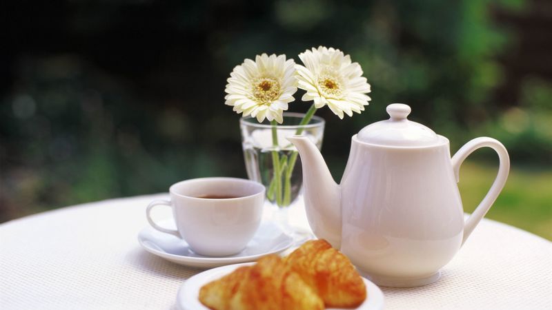 tea, table, garden, tea leaves, flowers, cup, glass, biscuits, 4k