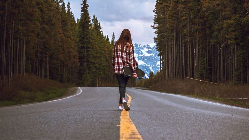 girl, skate, road, marking, 4k