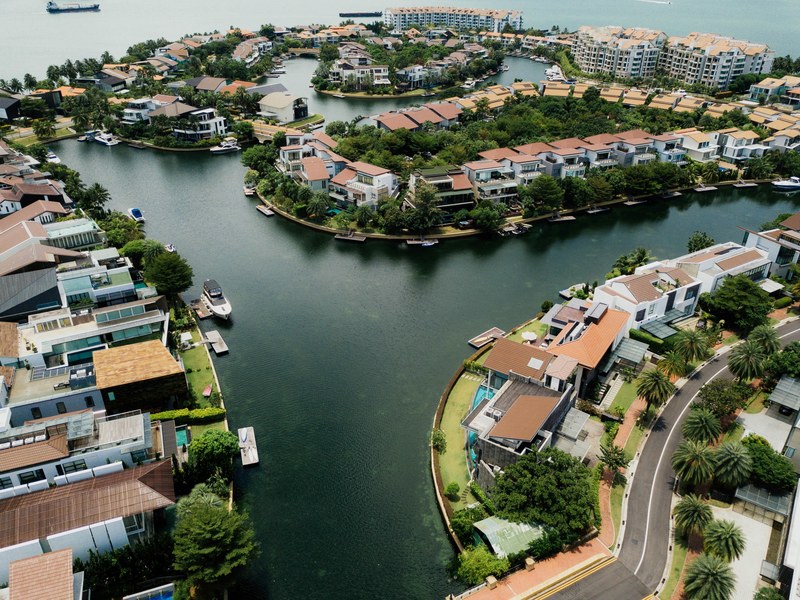 coastal city residential waterfront property and city on water 4k