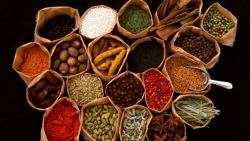 spices, seasonings, additives, bags, black background, 4k