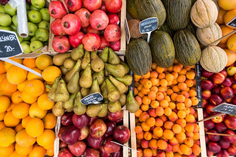boxes of fresh fruit and produce at a farmers market, fresh fruit at the market in summer 4k