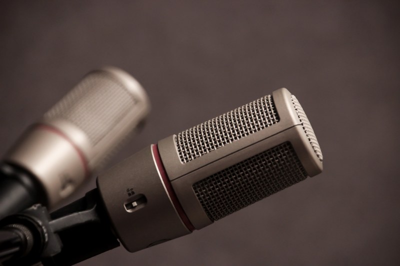 two gray microphones on a stand point in opposite directions, ton 4k