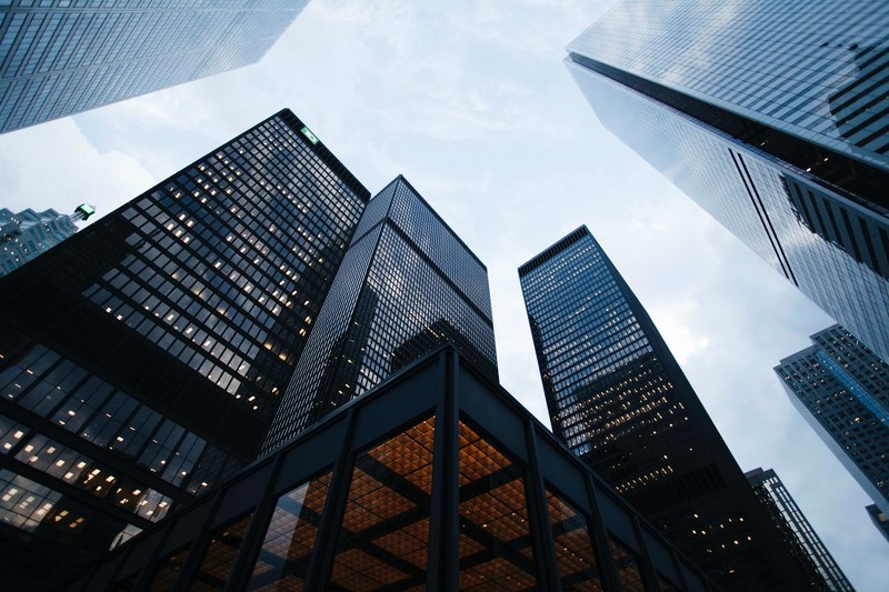 a low angle shot of several skyscrapers in a city, taller than the trees 4k