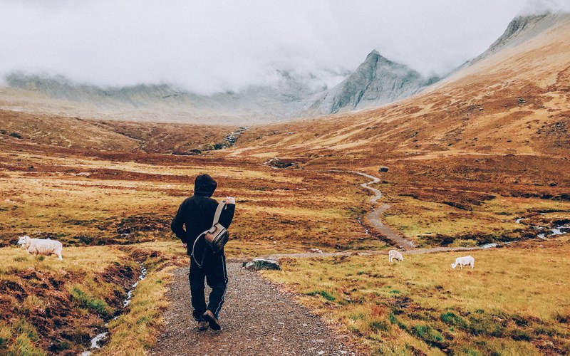 hiker puts on backpack while walking down a rocky path to mountains, hiking by the sheep 4k