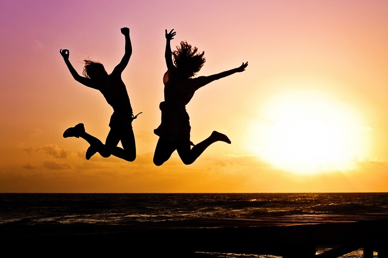 youth active jump happy sunrise silhouettes two 4k