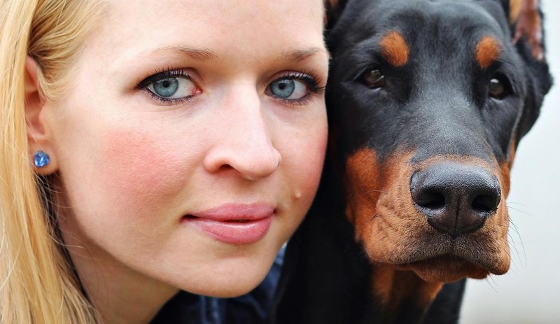 woman portrait dog hobby pet doberman pinscher 4k