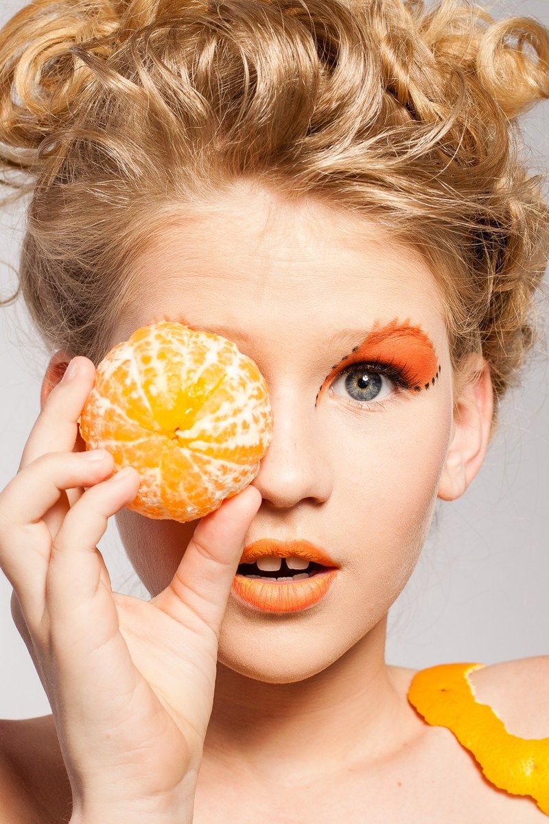 woman portrait makeup model fruit tangerine 4k