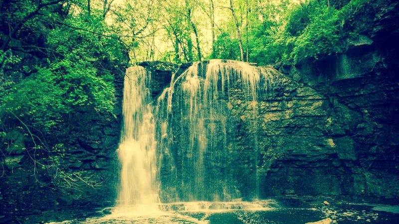 waterfall, rocks, trees, landscape, 4k