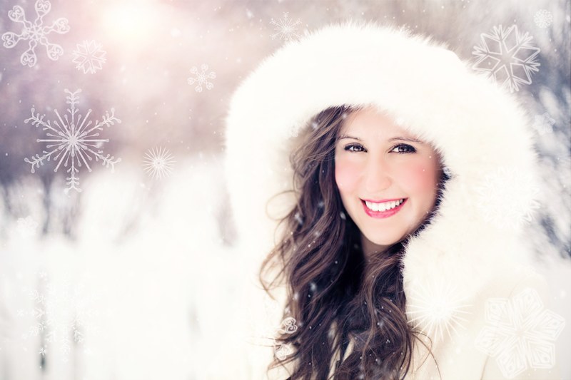 woman snow winter portrait snowflakes smiling 4k