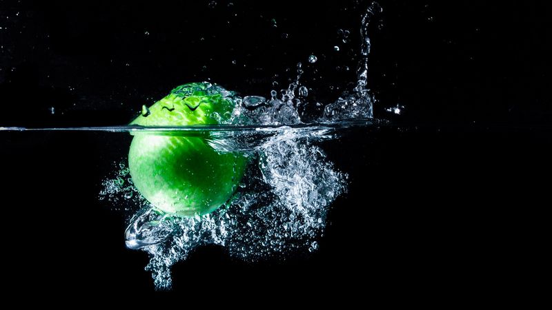 apple, splash, spray, black background, 4k