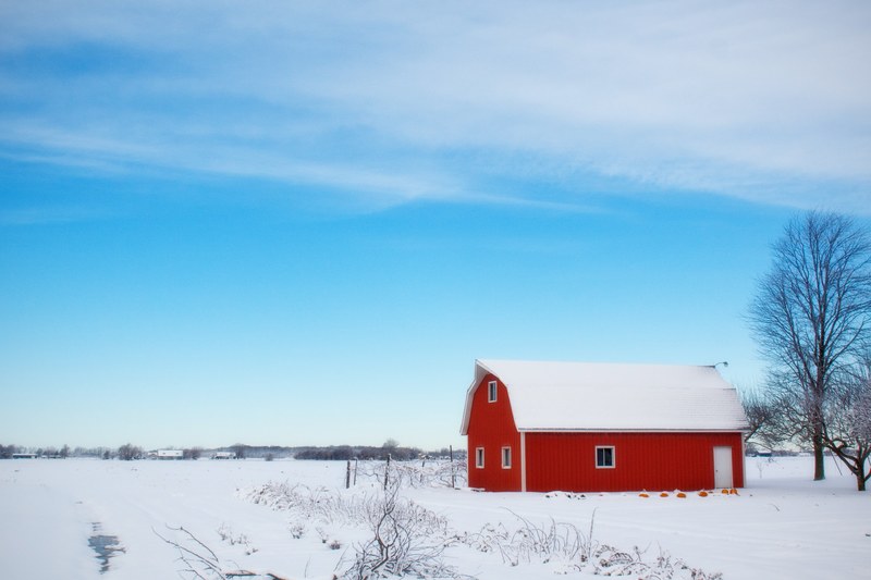 winter barn snow rural farm red country 4k