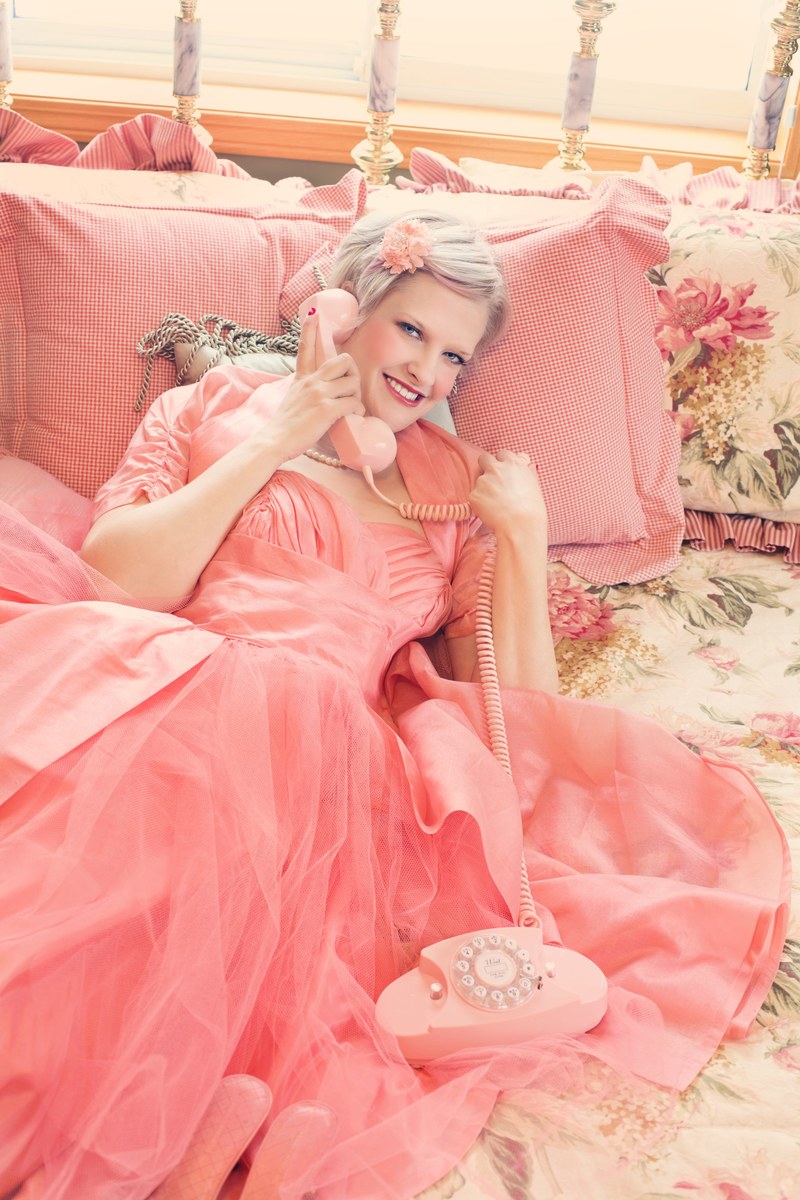 vintage pink on the phone pretty young woman 4k