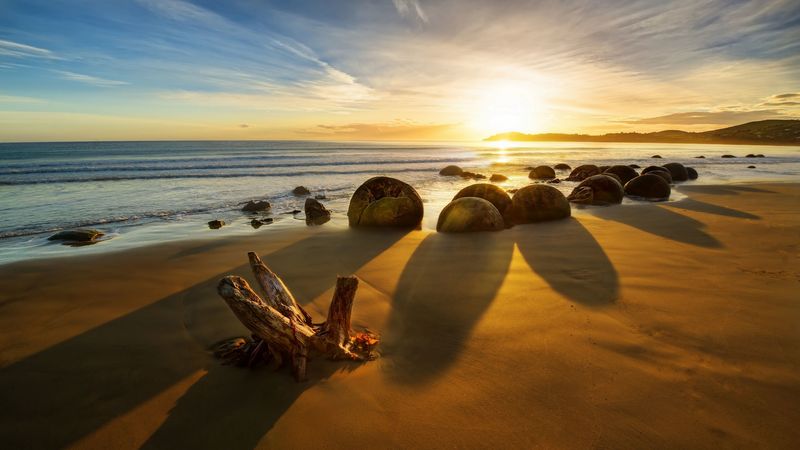 new zealand, ocean, sunrise, rocks, coastline, 4k