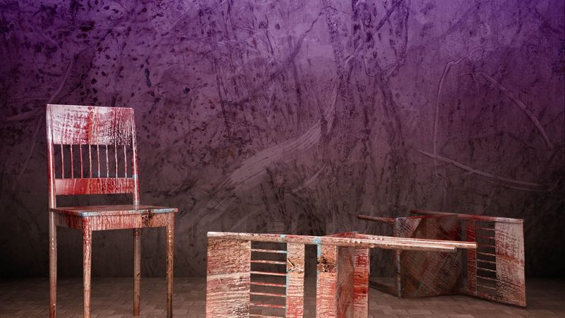 chairs, three, tile, purple background, old, abstract, 4k