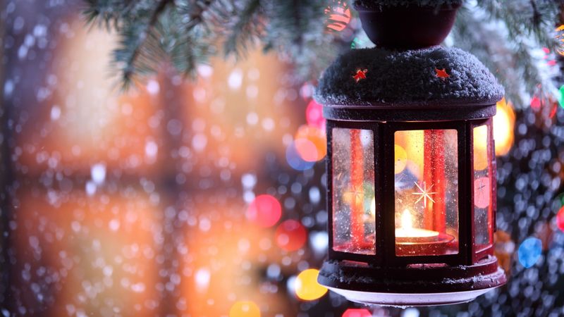 candle, torch, branch, snow, winter, snowflakes, christmas tree, 4k