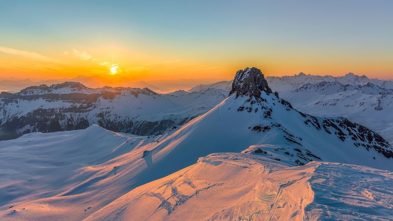 mountains, snow, sunset, rocks, 4k