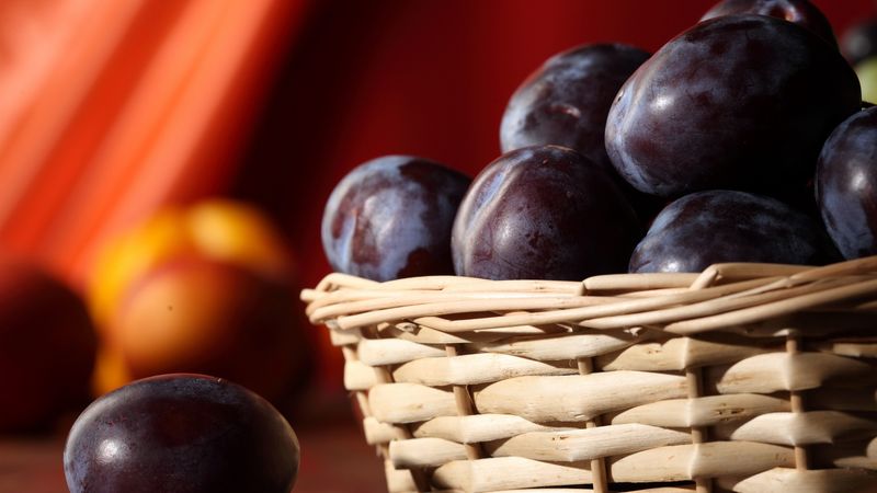 plums, basket, close-up, 4k