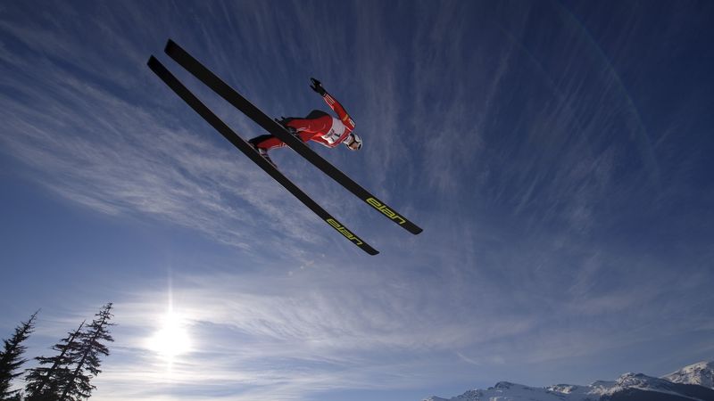 skier, ski, jump, fly, sky, sun, mountains, 4k
