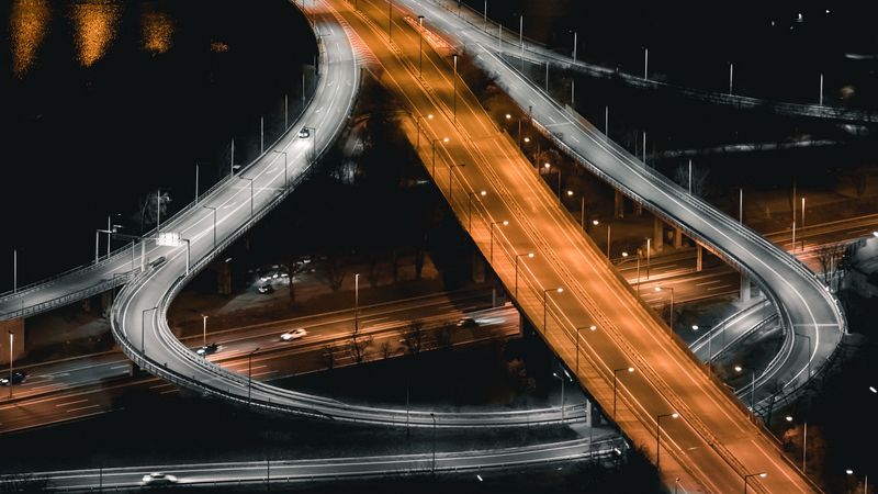 road, night city, lights, movement, 4k