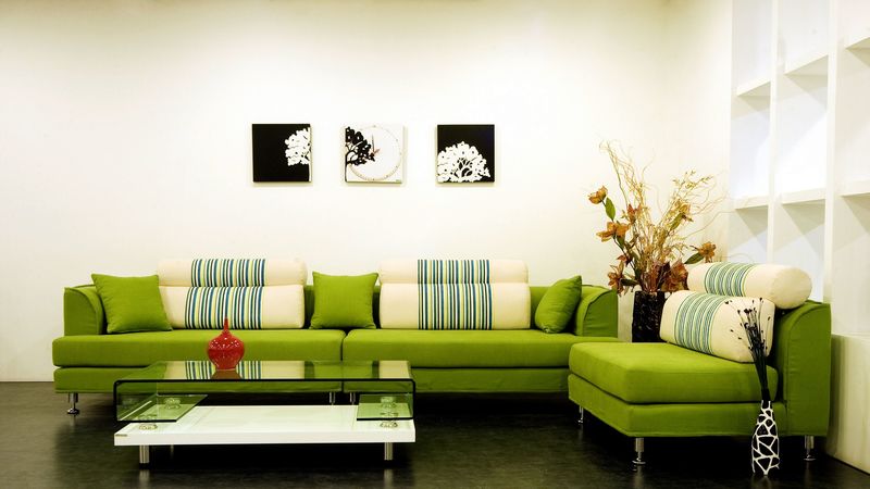 interior, design, style, sofa, green, pillows, vases, table, painting, house, lounge, 4k