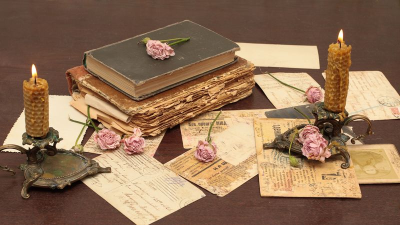 vintage, books, old, flowers, roses, candles, candle holders, letters, cards, paper, table, 4k