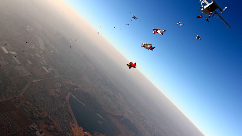 jumpers, jump, fly, airplane, city, 4k