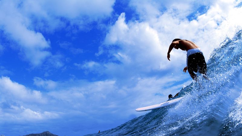 sea, wave, spray, surf, clouds, boy, 4k