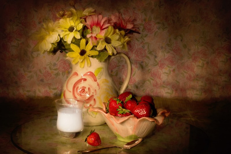 still life strawberries in a bowl cream 4k