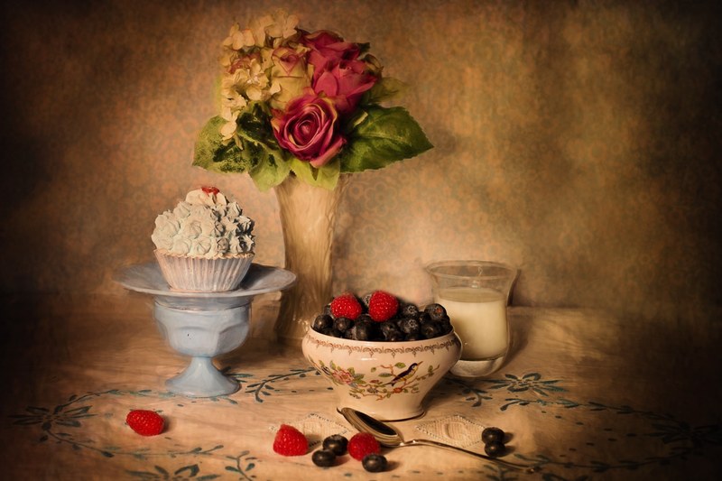 still life blueberries and cream table setting 4k
