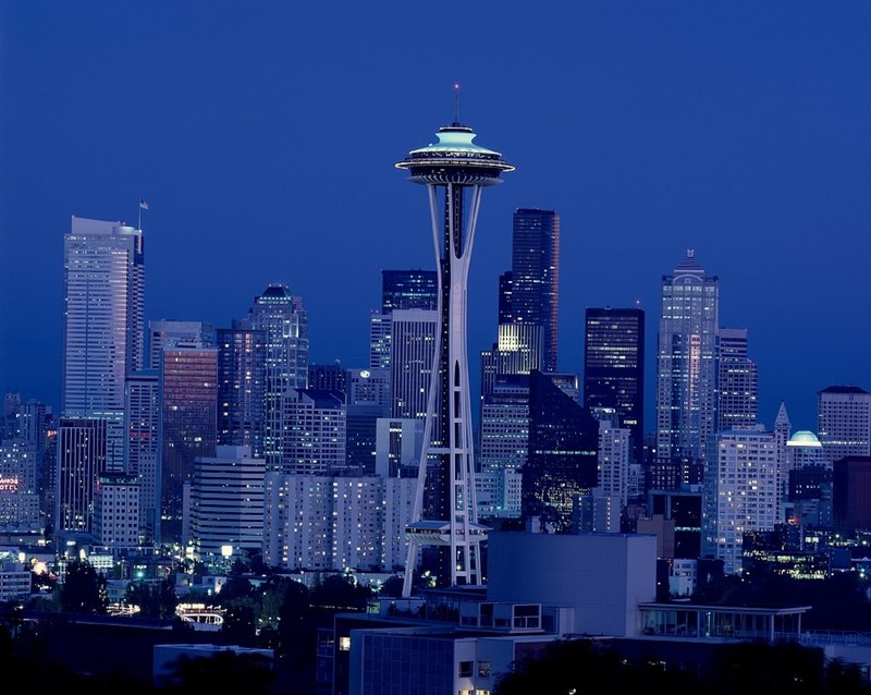 space needle seattle washington cityscape dusk 4k