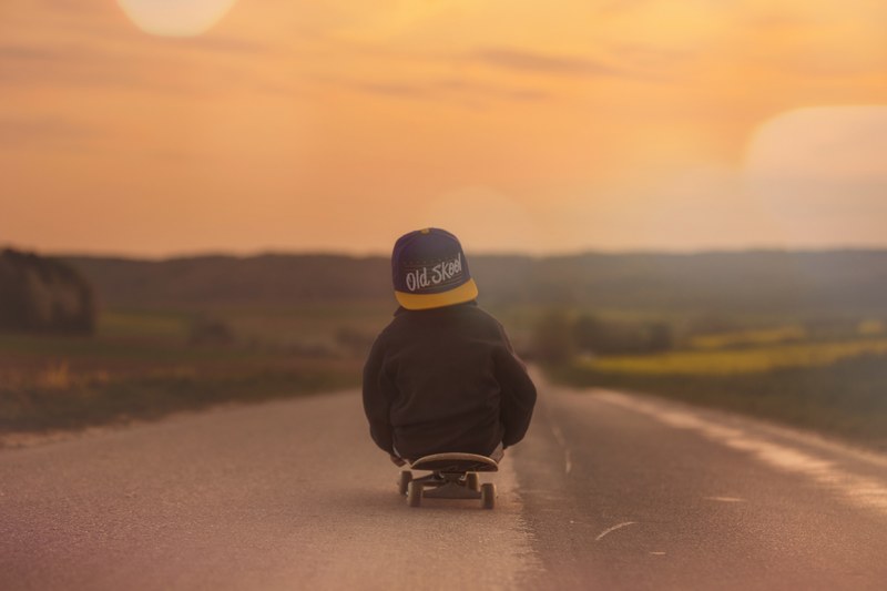 skateboard child boy sunset afterglow landscape 4k