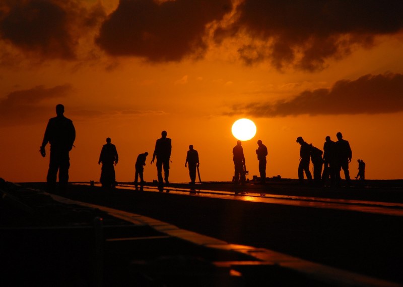 silhouettes people worker dusk flight deck 4k