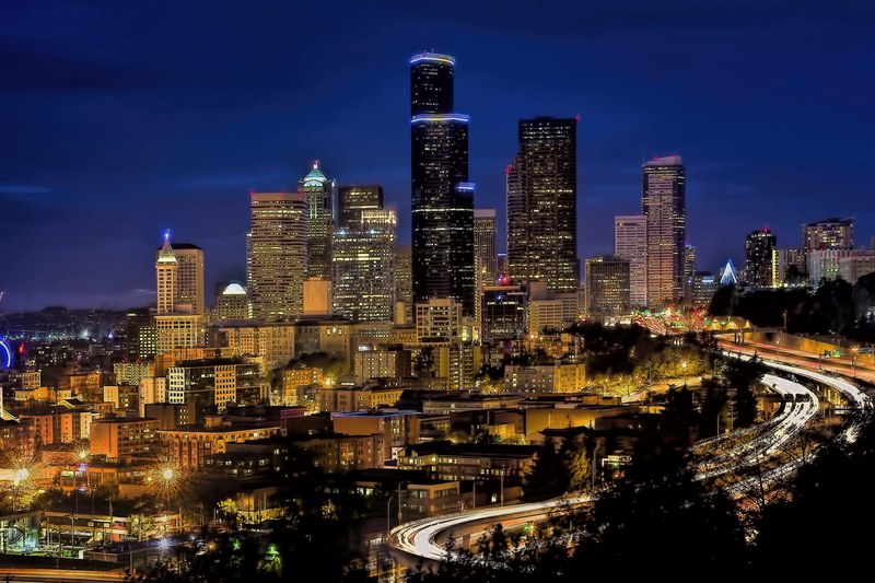 skyline downtown seattle cityscape urban blue hour 4k