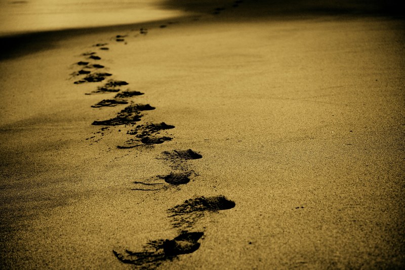 sand footsteps footprints beach coast walk ocean 4k