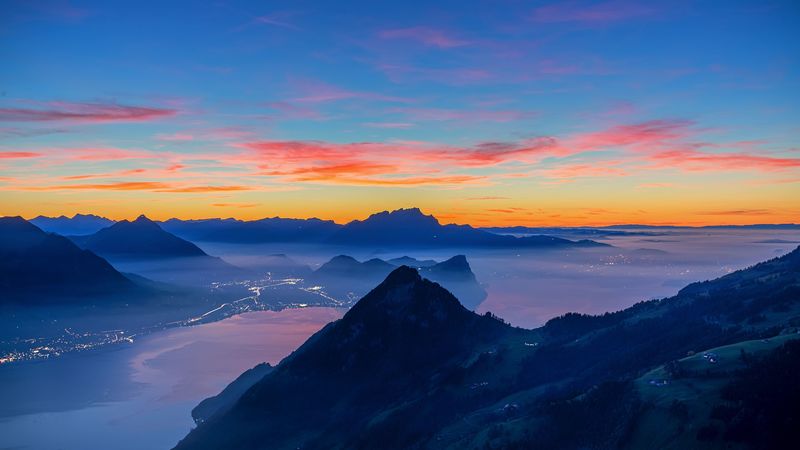 mountains, peaks, sunset, distance, 4k